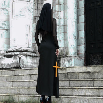Sexy Nun Cosplay Costume Gothic Black Split Long Dress with Head Veil Halloween Carnival Party Fancy Dress for Women Nun