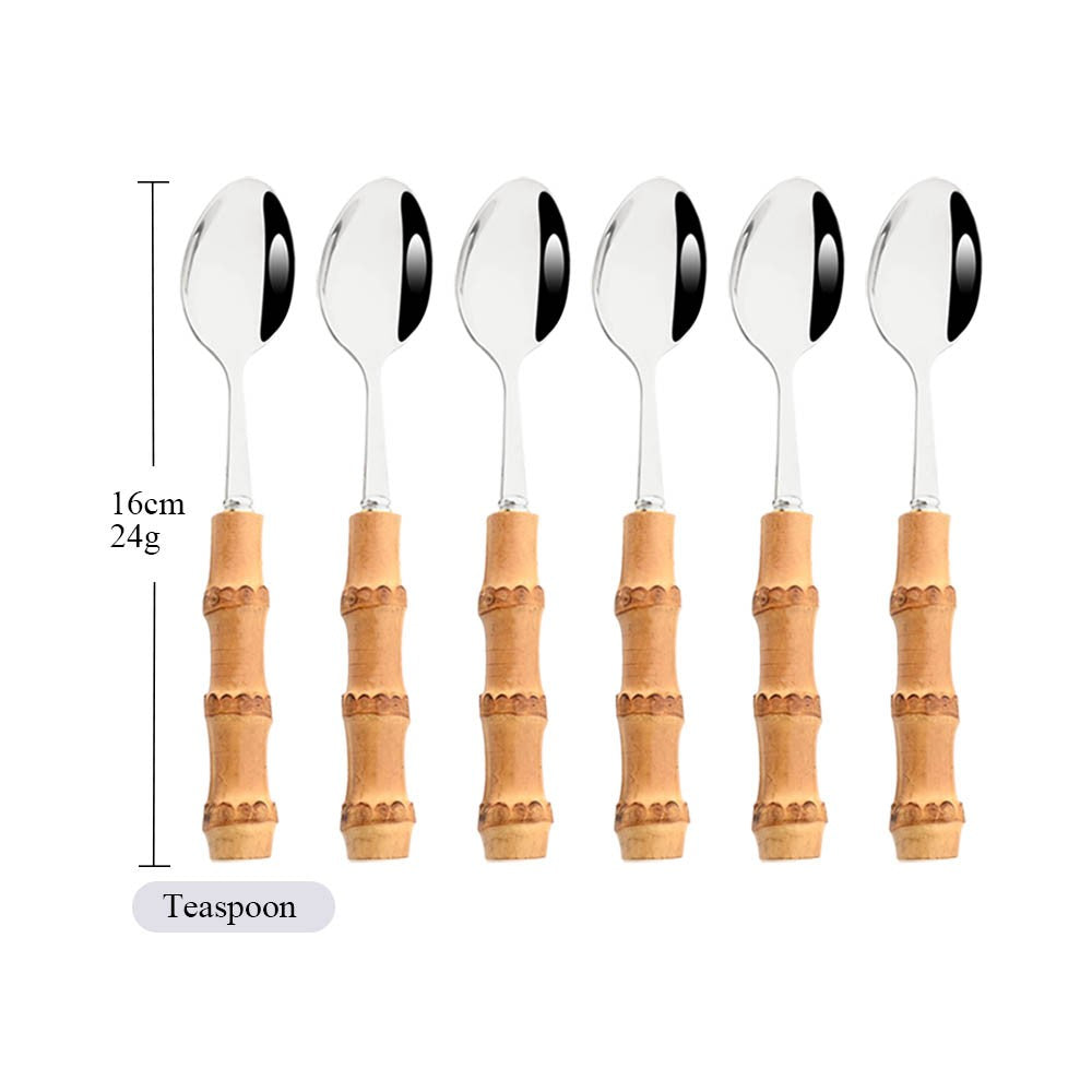 Drmfiy Teaspoon Dinnerware Set Stainless Steel 4/6/10Pcs Coffee Spoons Cutlery Set Kitchen Bamboo Handle Golden Tableware Set