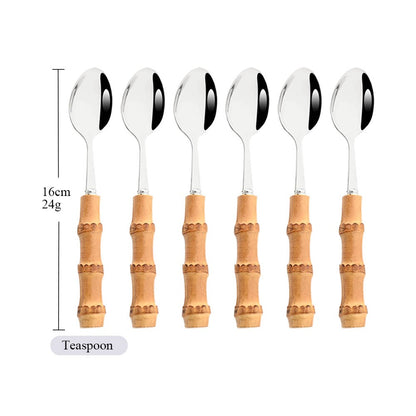 Drmfiy Teaspoon Dinnerware Set Stainless Steel 4/6/10Pcs Coffee Spoons Cutlery Set Kitchen Bamboo Handle Golden Tableware Set
