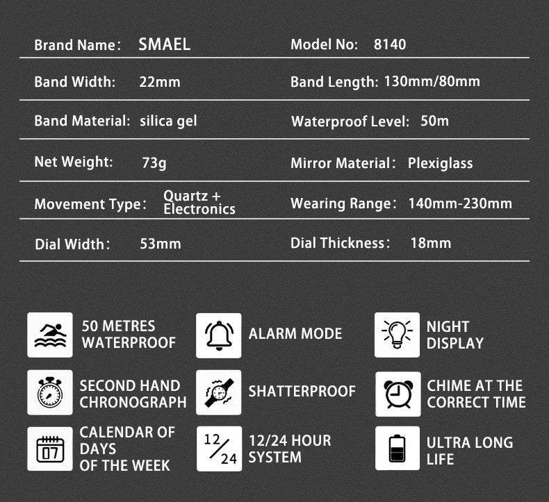 SMAEL Brand 8140 Waterproof Dropshipping Watch Alarm Clock night light Young Fashion business Quartz Sport Wristwatches