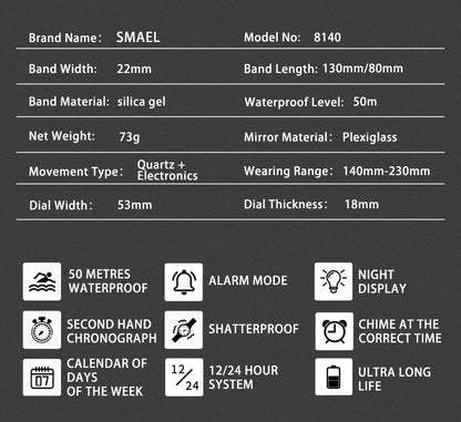 SMAEL Brand 8140 Waterproof Dropshipping Watch Alarm Clock night light Young Fashion business Quartz Sport Wristwatches