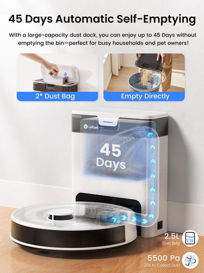 Aspirador de Pó e Passa Pano Robô M2 Pro Lefant, com Esvaziamento Automático, Aspirador Robótico com 5500Pa LiDAR e Mapeamento de Precisão,
