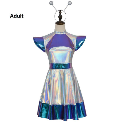 Cyber Alien Laser Reflective Alien Cosplay Dress, Adult and Children's Party Outfit, Including Tentacle Headpiece