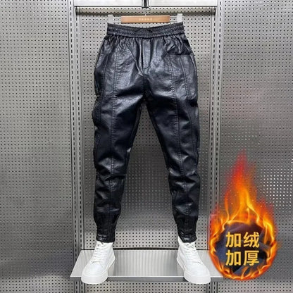 Autumn Winter Men's Velvet Thickened Windproof Waterproof Leather Pants Outdoor Motorcycle Riding PU Slim-fitting