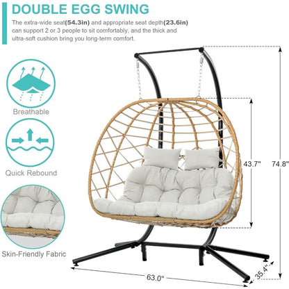 Double Egg Swing Chair with Stand, 2 Person Outdoor Indoor Hammock Hanging Chair with Cushion for Patio Living Room 550 LBS