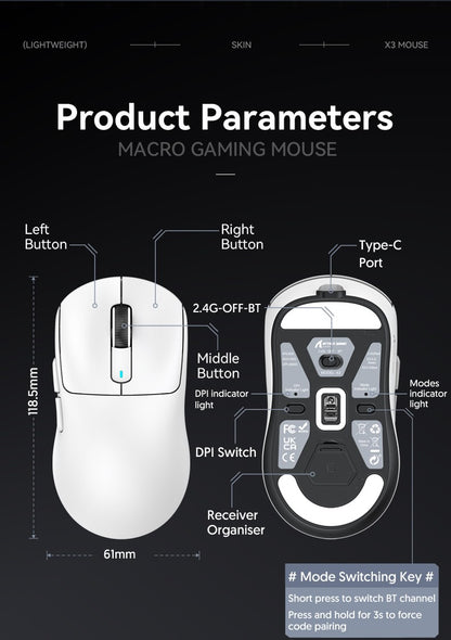 Mouse Gamer ATTACK SHARK X3 Leve Sem Fio Bluetooth Conexão Tri-Modo, PAW3395, Macro