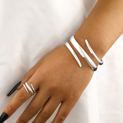 Conjunto de Anel e Bracelete de Aço Inoxidável com Gota de Água para Mulheres Luxuoso Geométrico Gota Aberta Punho Torcido Irregular Joias