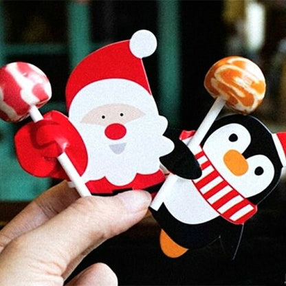 Christmas Lollipop Paper Cards Cartoon Santa Claus Penguin Snowman Kids Candy Gifts Package Wrapping New Year Party Decoration