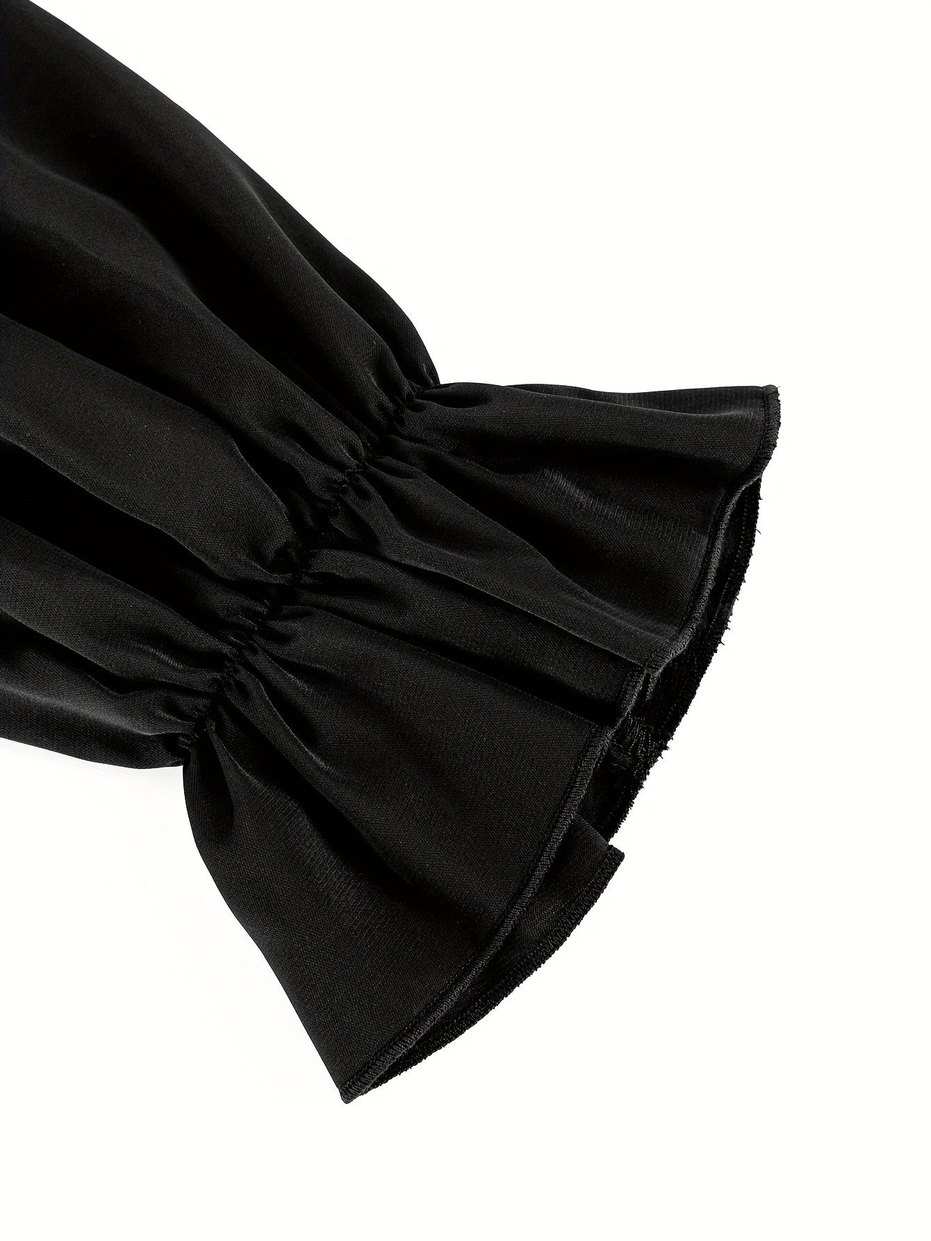 Women's Black Crew Neck Long Sleeve Blouse with Ruffled Cuffs - Casual Elegant Outfit