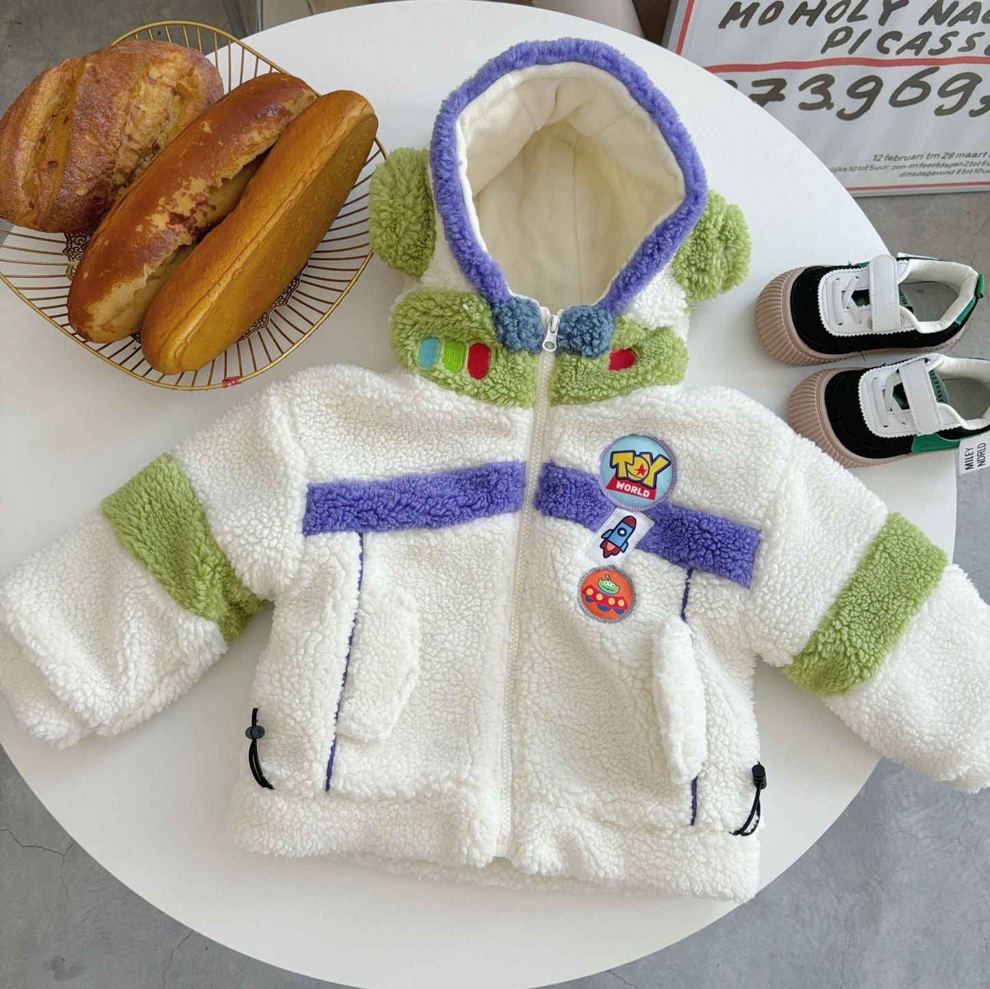 Casaco Infantil de Inverno Disney Buzz Lightyear 90-130cm Novo Bebê Menino Menina Desenho Animado Forro Polar Textura Engrossada Bloco de Cores Casaco com Capuz