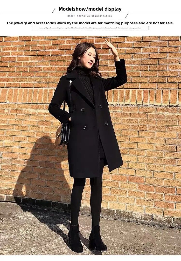 Plus Size Black Woolen Coat 2025 New Style Women's Autumn Winter Professional Mid-Length Trendy Polyester Fiber Suit Collar F...