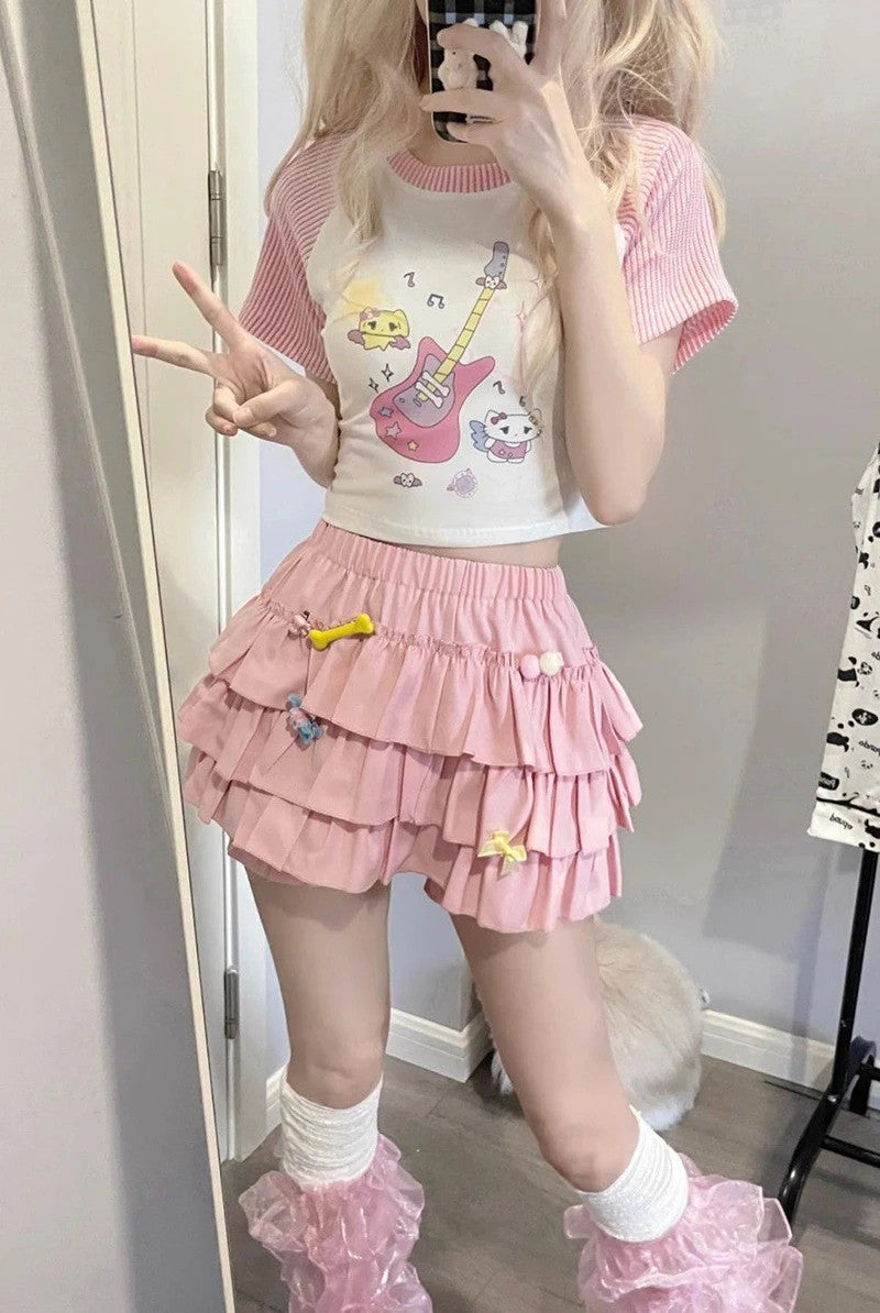 Y2K Sweet Ruffles Mini Skirt Women Kawaii Lolita Bow A Line Skirts Harajuku Japanese High Waist Pink White Ball Gown Skirt