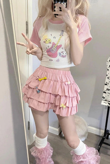 Y2K Sweet Ruffles Mini Skirt Women Kawaii Lolita Bow A Line Skirts Harajuku Japanese High Waist Pink White Ball Gown Skirt