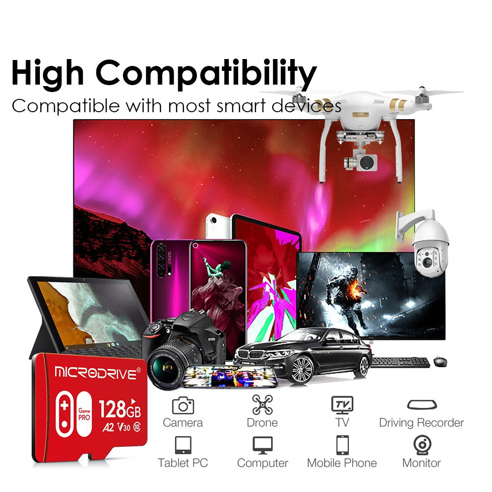 Cartão de Memória de Alta Velocidade A2 V30 U3 32GB 64GB 128GB 256GB Flash UHS-3 Cartão Micro Mini SD para Câmera 4K HD / TV / Jogo / Gopro UAV