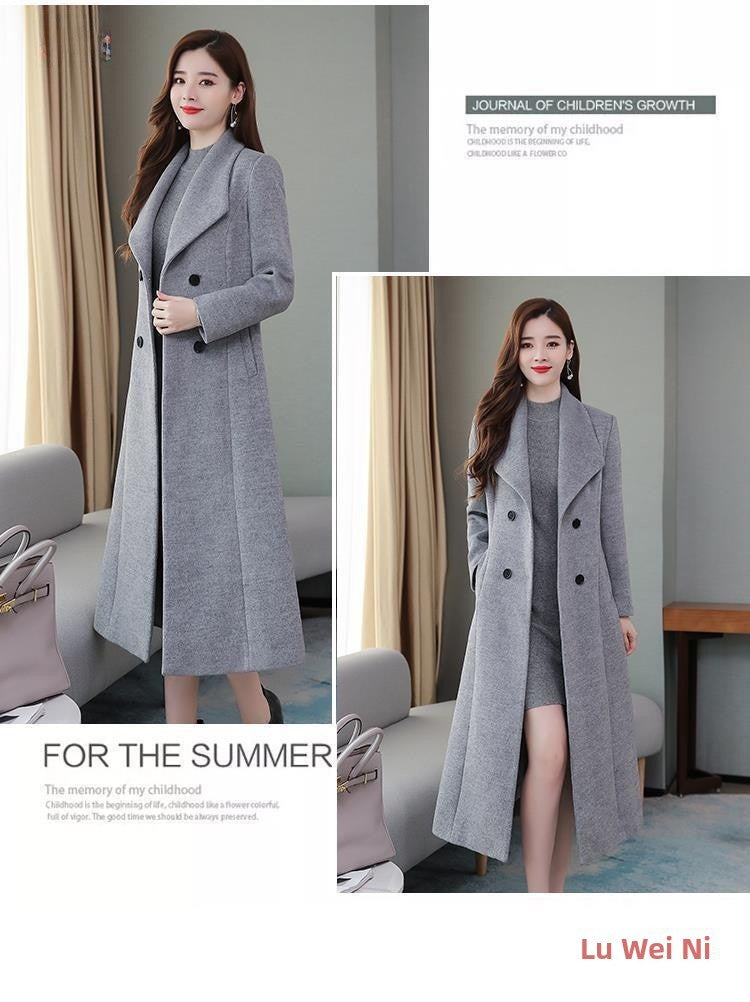 Plus Size Women's Overcoat Long Thickened Woolen Coat Long Collar Slim Fit Waist Cinched Outerwear Spring Autumn New Style Ho...
