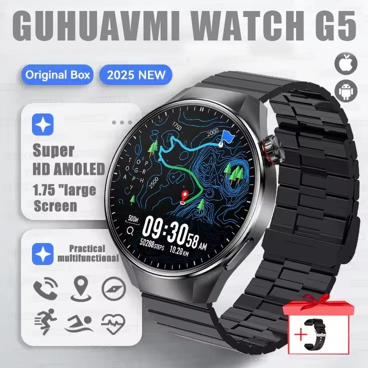 Smartwatch 2025 Original G5 Plus, Tela AMOLED HD de 1,75", Rastreamento GPS, Frequência Cardíaca, Chamada Bluetooth, Bússola para Homens