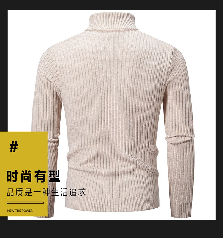 Autumn and Winter Men's Sweater Thin Elastic Fine Knitted Warm Top Versatile High Neck Solid Color Tight Fitting Pullover Top