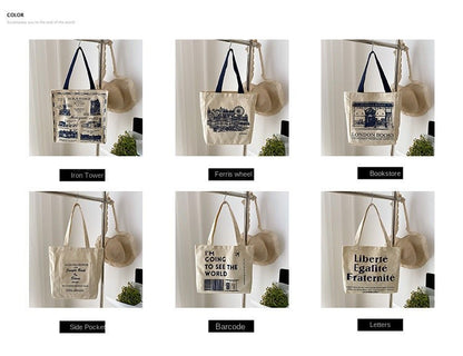 Canvas Women Handbags Shoulder Underarm Bag London Books Print Handbag Large Capacity Ladies Shopping Tote Bag Student Book Bags