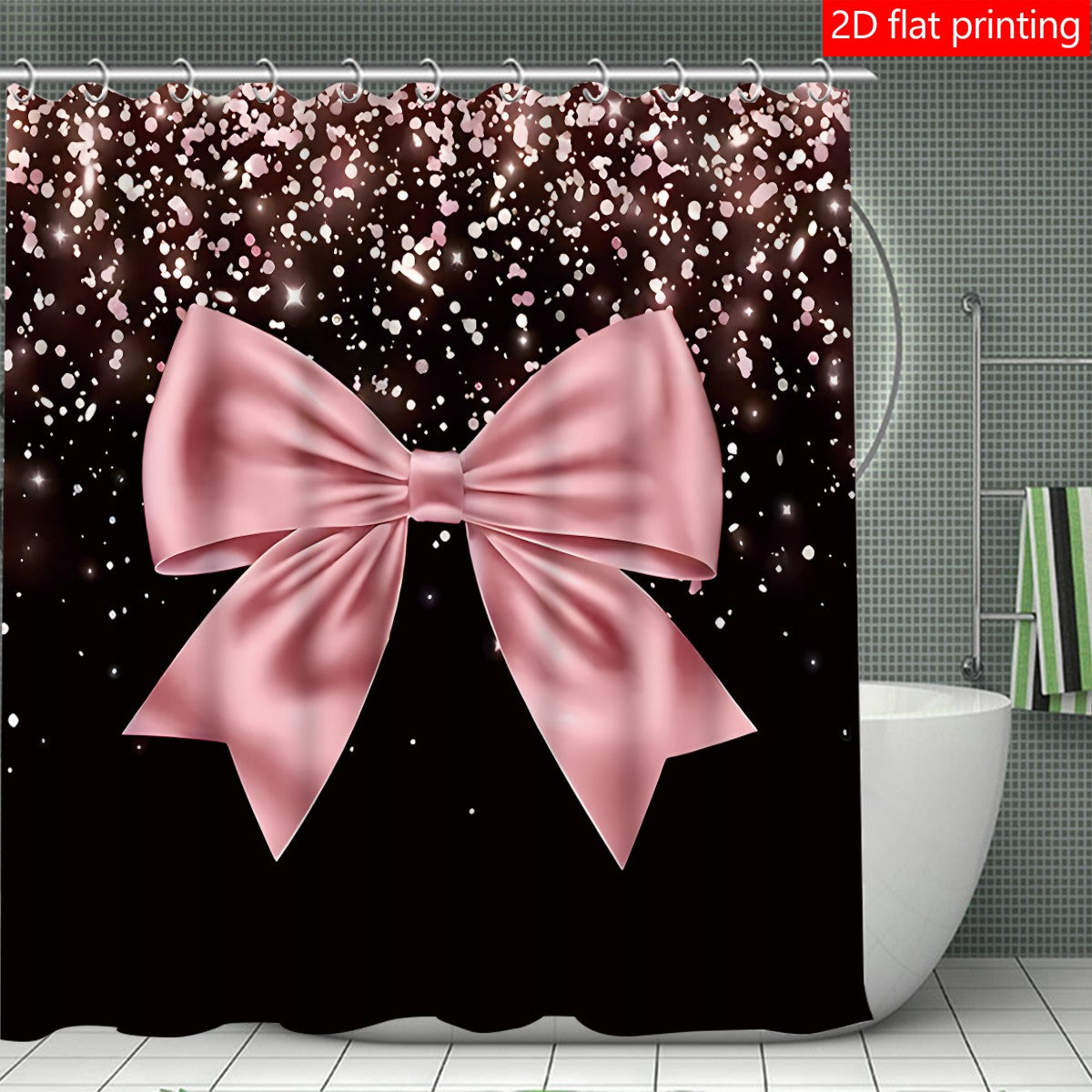 4pcs Black and Pink Large Bow Pattern Printed Shower Curtain Set, Wet & Dry Bathroom 4-Piece Set, Home Decor Shower Curtain with