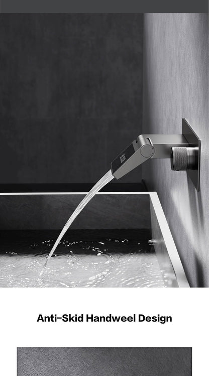 Torneira de banheiro de parede luxuosa de latão cinza chumbo com visor digital LED, misturador monocomando de água quente e fria embutido.
