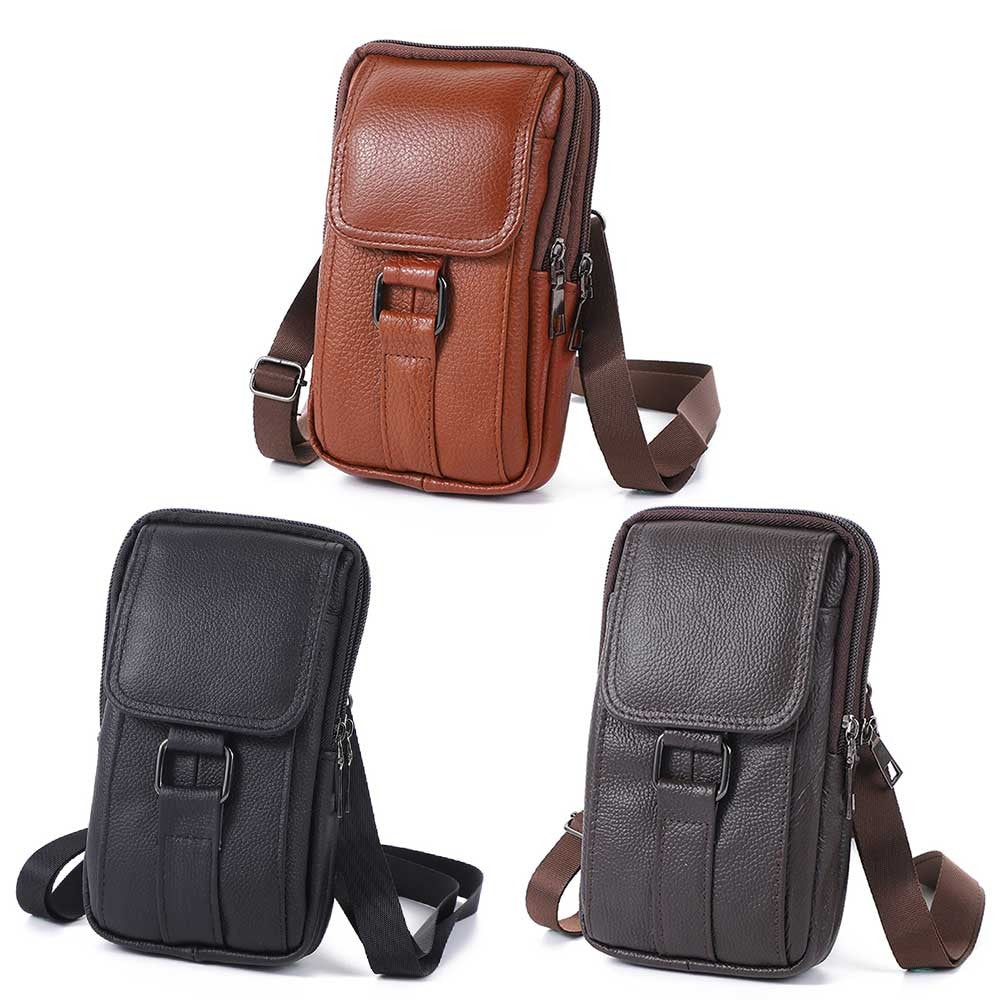 Portable Men Messenger Bags Cowhide Leather Cell Phone Belt Pack Fashion Simple Multi-pockets Casual for Outdoor Sport