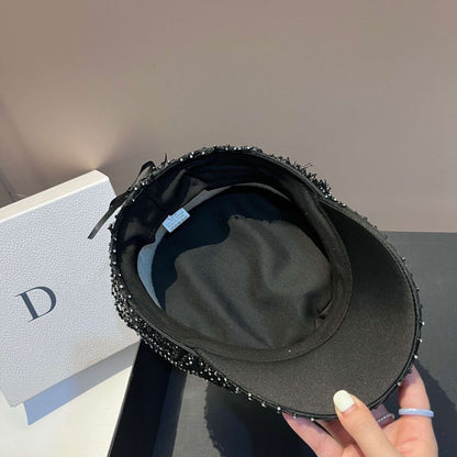 Chapéu Elegante com Strass em Malha Preto Versão Coreana de Alta Qualidade Moda Leve Luxo Estilo Pequeno e Perfumado Chapéu de Aba Reta Bico de Pato