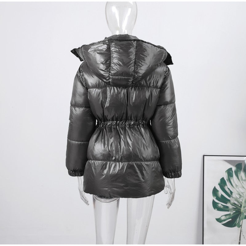 Chic Hooded Cotton Padded Jackets For Women Y2K Single Breasted Zipper Drawstring Coats 2026 Winter Pocket Long Sleeve Outerwear