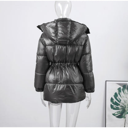 Chic Hooded Cotton Padded Jackets For Women Y2K Single Breasted Zipper Drawstring Coats 2026 Winter Pocket Long Sleeve Outerwear