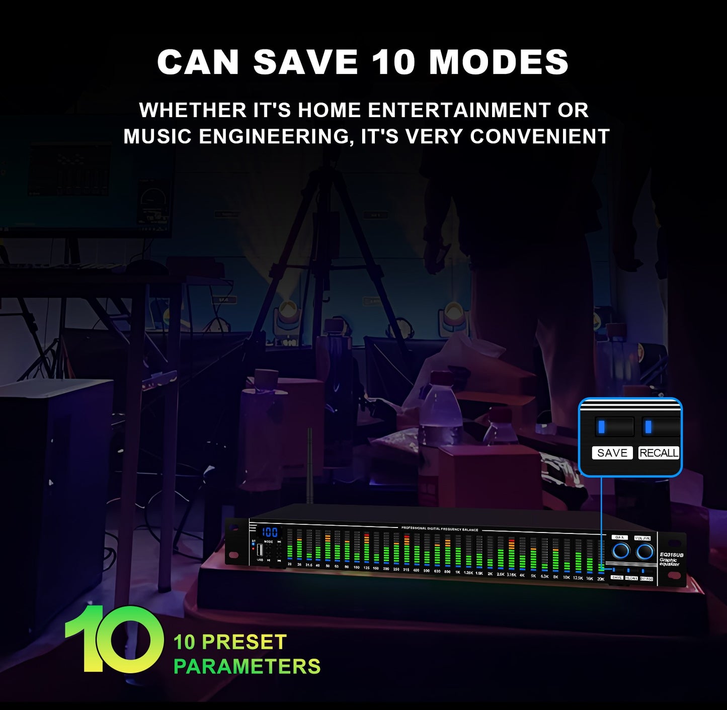 EQ31SUB Digital Equalizer 31 Stage Tuner Professional Stage Performance Noise Reduction Audio Processing