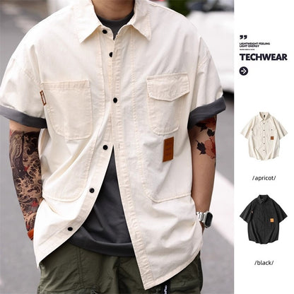 2025 Summer Men's Multi-pocket Oversized Short Sleeve Shirts High Street Fashion Cargo T-shirt New American Casual Y2K Shirt