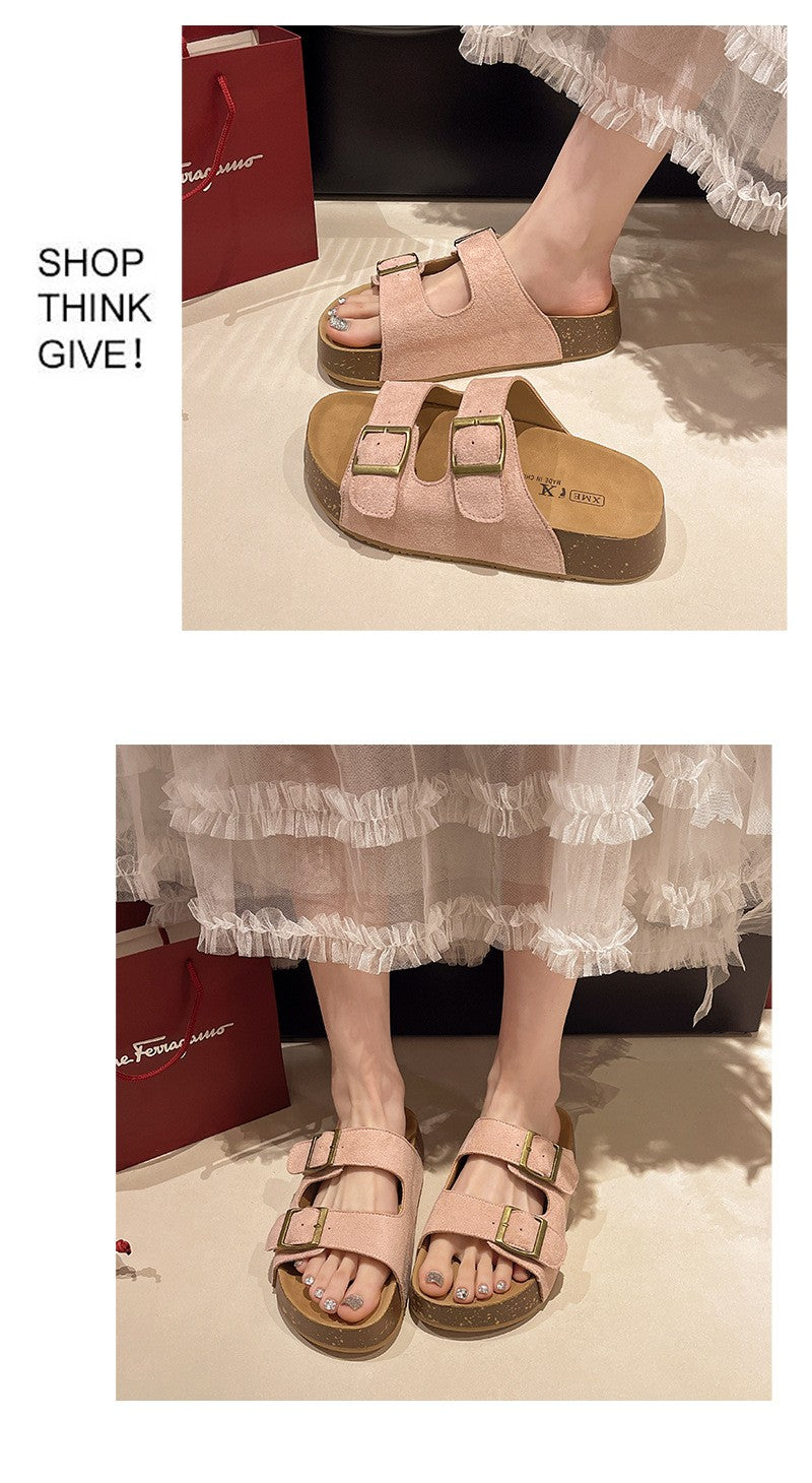 Bebealy Women's Sandals Soft-soled Platform Sandals Double Buckle Roman-style Belt-buckle Slippers Popular Slip-on Flat Slippers