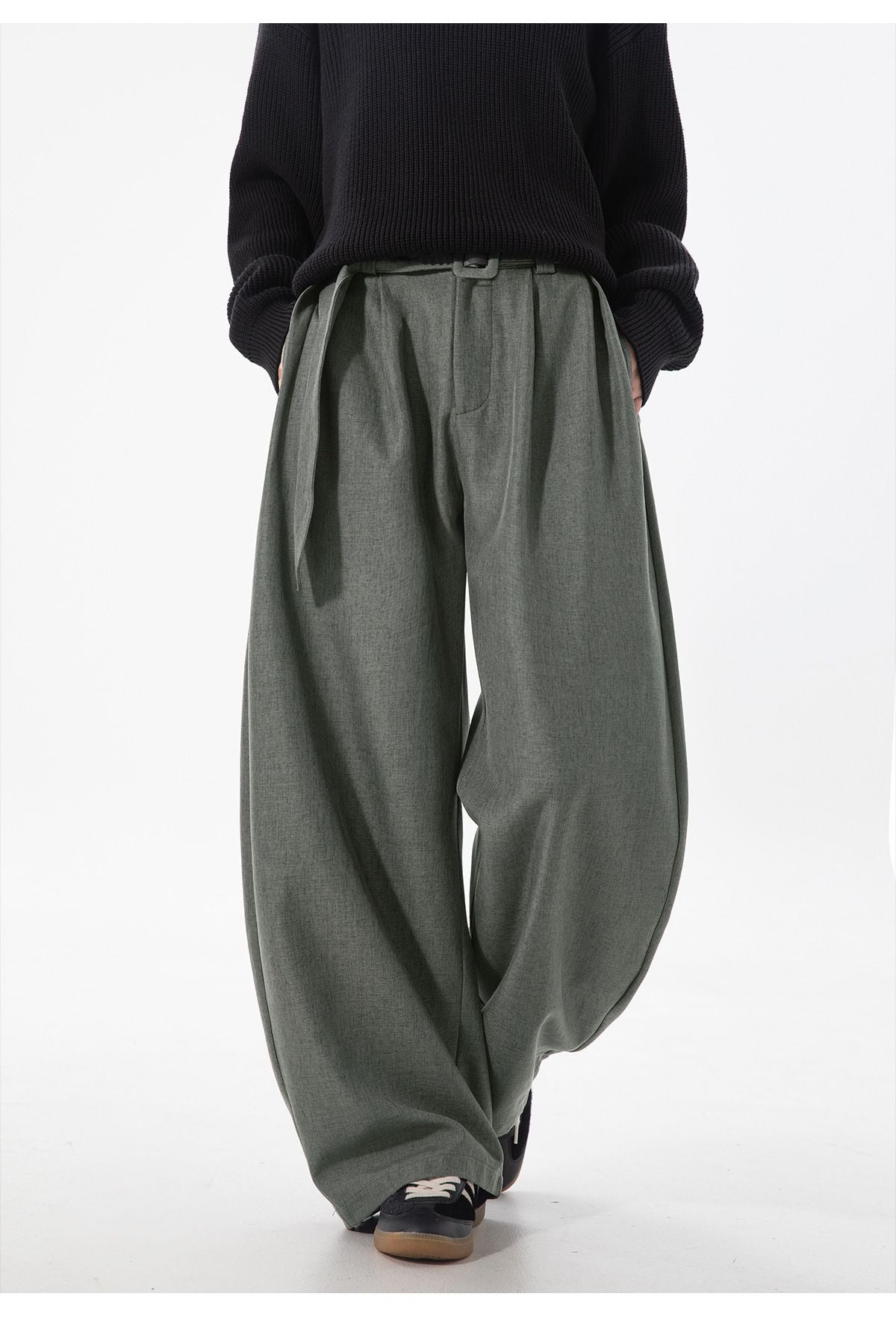 Men's Pleated Drape Curved-Leg Trousers Loose-Fit Straight-Leg Pants Retro-Style Belted Casual Pants