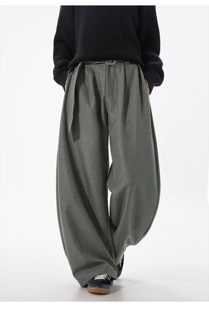 Men's Pleated Drape Curved-Leg Trousers Loose-Fit Straight-Leg Pants Retro-Style Belted Casual Pants