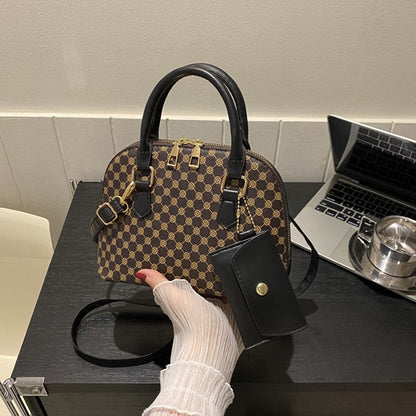 Luxury Shell Fashion Women's Handbag Simple Shoulder Bag Plaid Print Crossbody Bag with Mini Purse