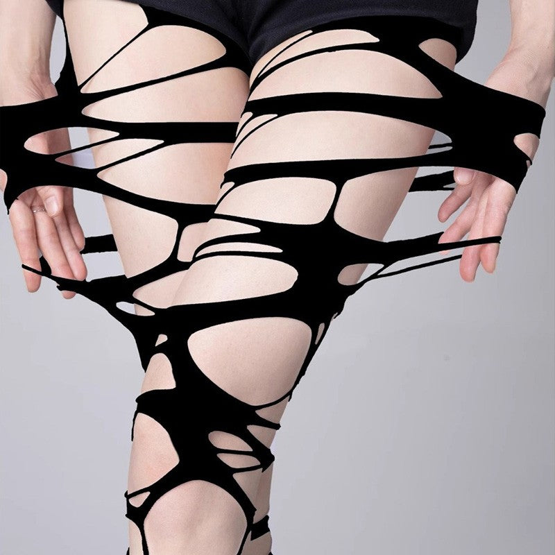 Women Gothic Punk Hollow Out Mesh Pantyhose Sexy Black Ripped Fishnet Tight Stockings Egirl Streetwear Leggings JK cropped Pants