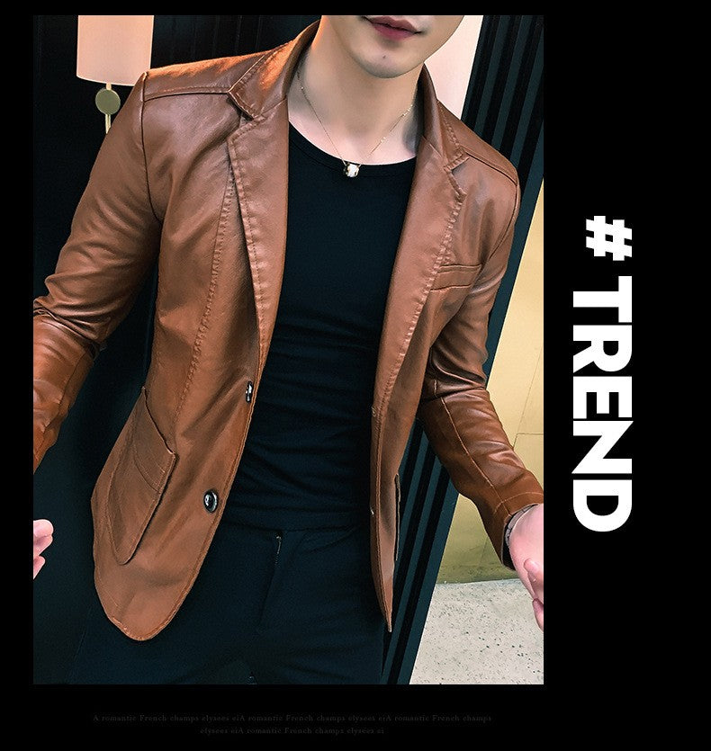 Spring/Autumn Leather Jacket - Plus Size Men's Youth Suit Collar Business Casual Leather Jacket European Sizes XS-3XL