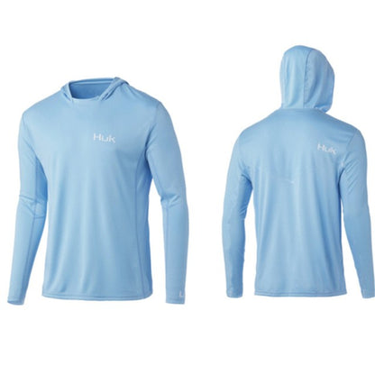 Camisas de Pesca HUK com Capuz Manga Longa Proteção UV Masculina Roupa de Pesca Camuflada de Verão para Homens com Absorção de Umidade