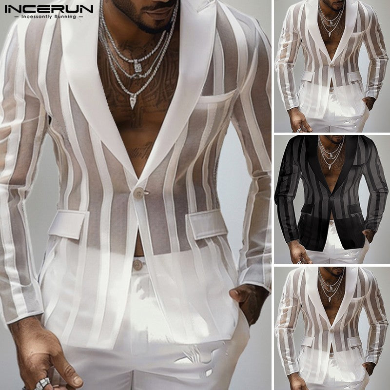 INCERUN Handsome New Men's Tops 2024 See-through Striped Suit Coats Fashionable Male Hot Selling Long Sleeved Blazer S-5XL 2024