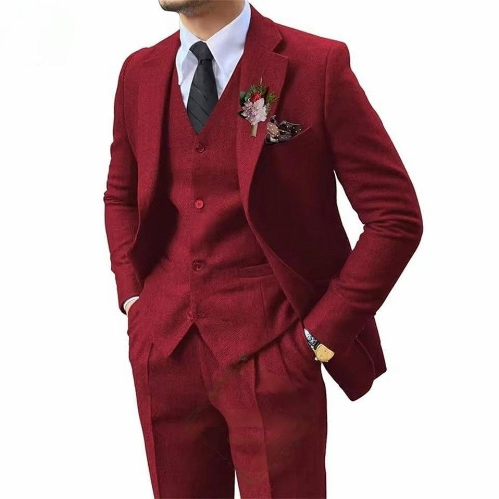 Men's Wedding Tuxedo in Brown Tweed 3-Piece Fishbone Smoking Suit with Notched Lapel Business Tweed Aesthetic Tailored Fit