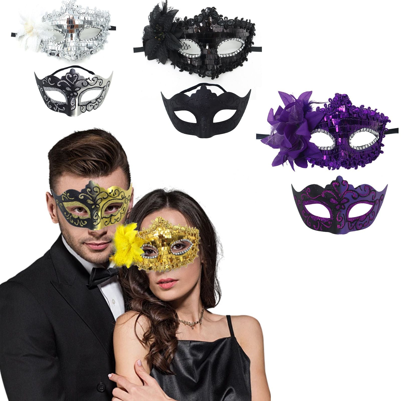 2Pcs Couples Gold Purple Black Blue Lace Masks Butterfly Venetian Face Cover for Mardi Gras Halloween Masquerade Party Costume