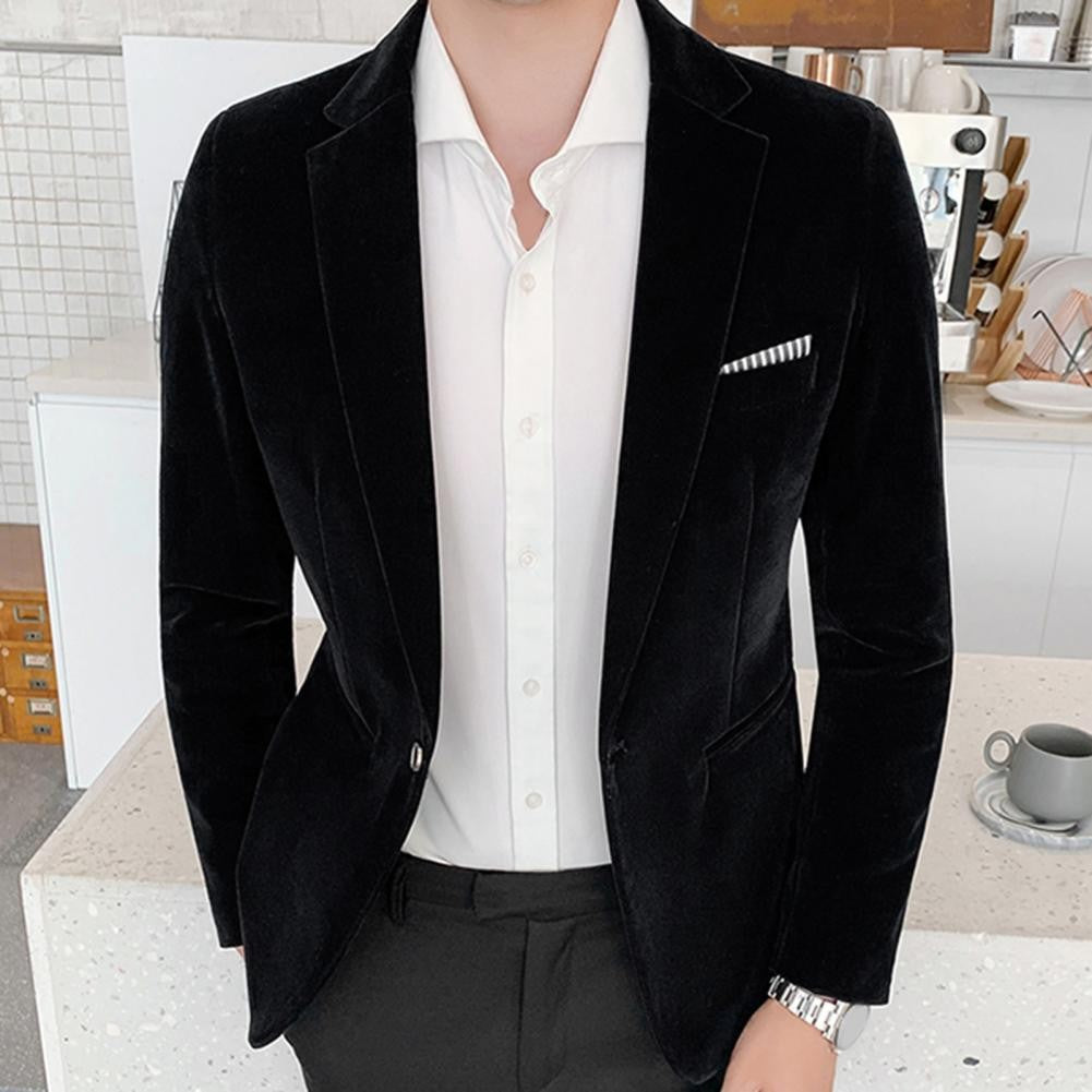 Spring Velvet Men Solid Color Temperament Suit Jacket Turndown Collar Long Sleeve Slim Fit Single Button Velvet Suit Coat