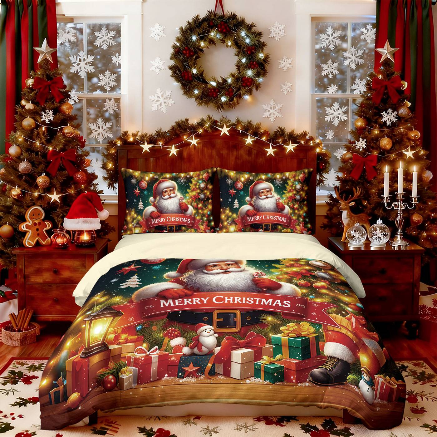 3pcs Merry Christmas Santa Claus print coreless bedding set multiple size bedrooms bedding holiday decorations, machine washable