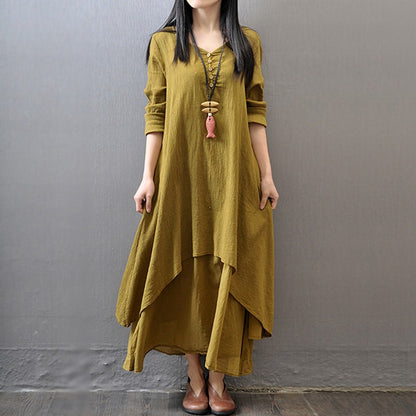 Women Elegant Linen White Dresses Bohemia Layering Vintage Robe Long Sleeve Loose Long Dress Female Autumn Long Maxi Dress