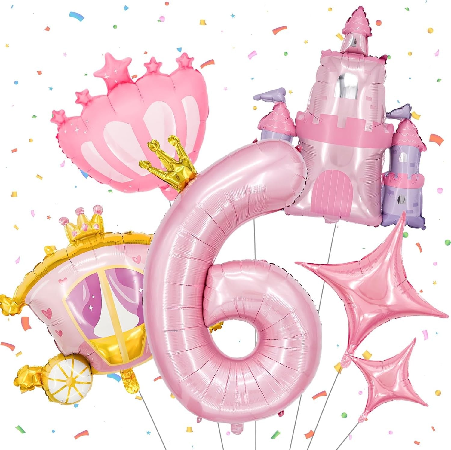 6-Piece Princess Theme Party Decoration Set: Princess Carriage + Pink Castle + 40-inch Numbers + Crown Heart + Star Foil Balloon