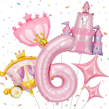 6-Piece Princess Theme Party Decoration Set: Princess Carriage + Pink Castle + 40-inch Numbers + Crown Heart + Star Foil Balloon