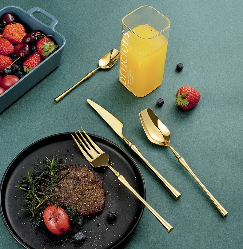 Conjunto de Talheres 24 Peças Aço Inox Fosco Preto Dourado Jogo de Talheres de Mesa Faca Colher Garfo Lavável em Lava-louças
