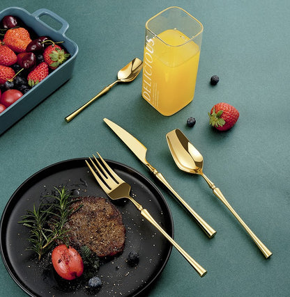 Conjunto de Talheres 24 Peças Aço Inox Fosco Preto Dourado Jogo de Talheres de Mesa Faca Colher Garfo Lavável em Lava-louças