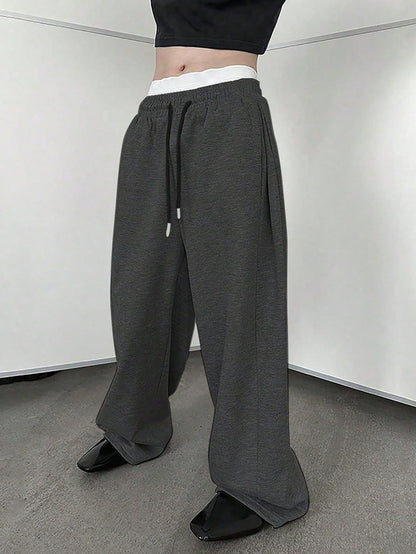 25 European and American men's waist trousers waist drawstring straight wide-leg loose trousers sports trousers pocket men pants