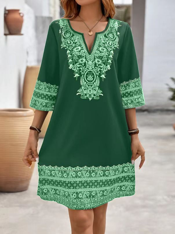 Women's Clothes Casual print Short Sleeve V-Neck Waist Cinched Dress summer vintage New Female Fashion Loose Mini Dresses 2025