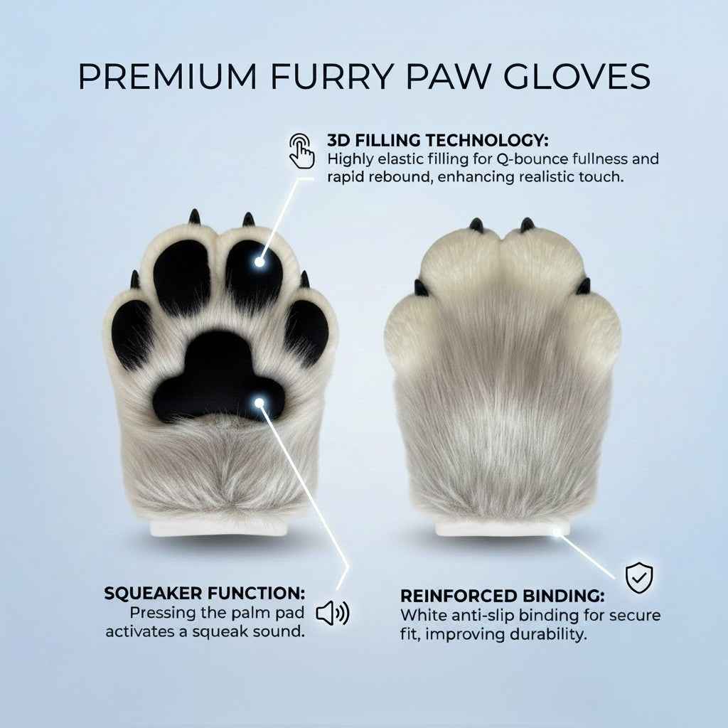 Realistic Fursuit Paws Gloves Soft Plush Furry Animal Paws with Claws for Cosplay Halloween Party Unisex Adult